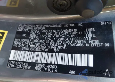 2010 Toyota Highlander Limited V6 from USA, damaged, VIN 5TDDK3EH1AS022518